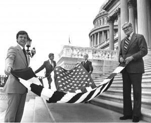 Montana Senators Lee Metcalf, Mike Mansfield, and Max Baucus on the steps of the capitol building in Washington DC.