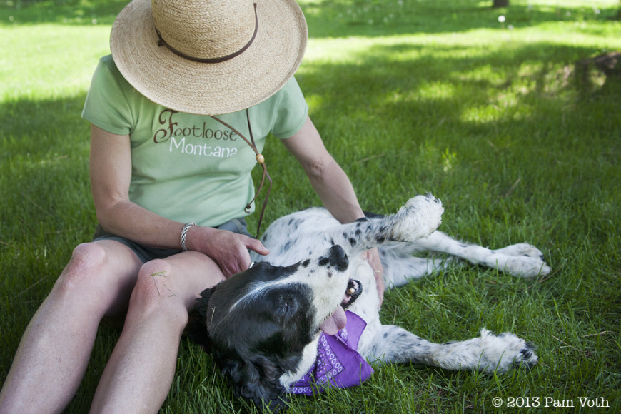 Woman wearing Footloose Montana t shirt give her dog a belly rub on grassy lawn