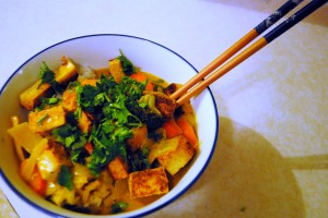 Gluten-free tofu and veggie curry over rice
