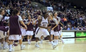 The Lady Griz celebrate their victory over the MSU Bobcats