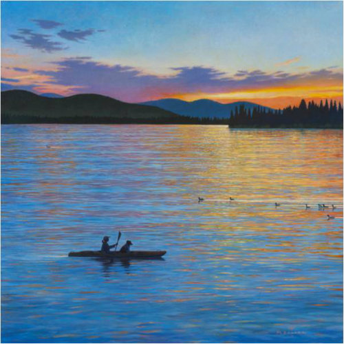 Placid Lake Sunset (Dog is my Co-pilot) by Monte Dolack